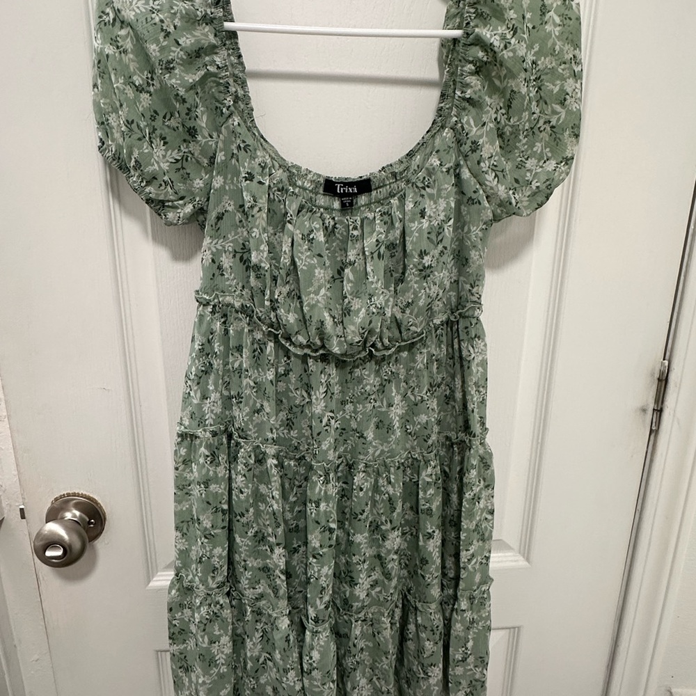 Trixxi Sage Green Floral Smocked Bodice Dress